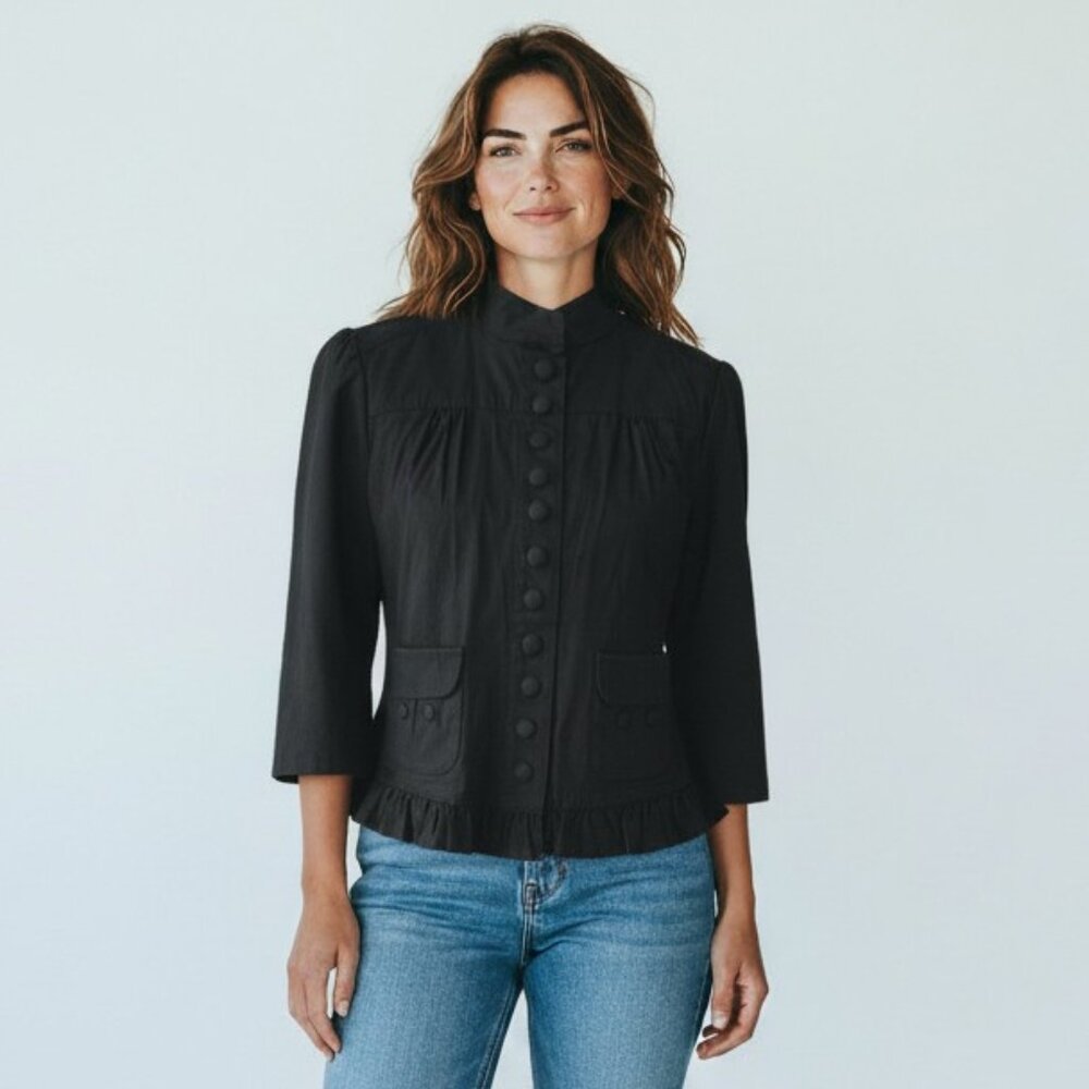 MOTTO Women's NEW Ruffle-Hem Snap Jacket/Shirt 3/4 Sleeve Black | Size XL